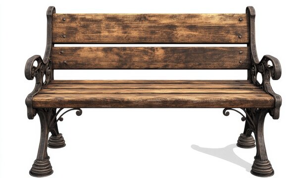 Weathered wooden bench with ornate metal legs, isolated on white background showcasing rustic charm and vintage aesthetic appeal