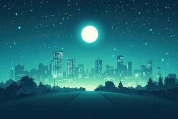 Fototapeta premium Nighttime Cityscape with Stars and Moonlight in Digital Art Style