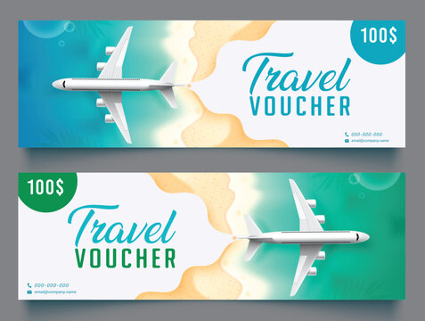 Travel voucher vector banner set. Travel voucher collection text with airplane flight element for gift check coupon advertisement promo design. Vector illustration.
