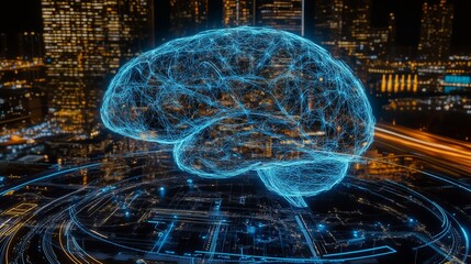Digital Brain Overlayed on Cityscape Representing Artificial Intelligence