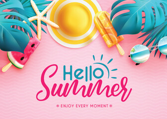 Summer vector background design. Hello summer greeting text with monstera leaves, popsicles and hat 3d elements for tropical hot season object decoration. Vector illustration.  © Zeinous