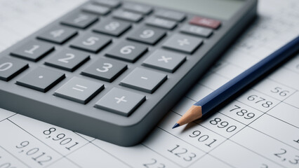 Check finances with a calculator on desk, 3d rendering