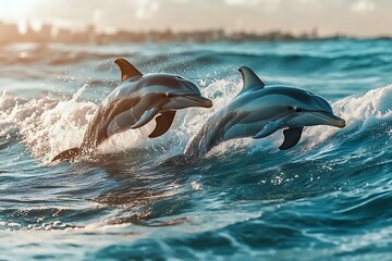 Dolphins leaping from ocean waves with a city skyline background, perfect for travel or marine use