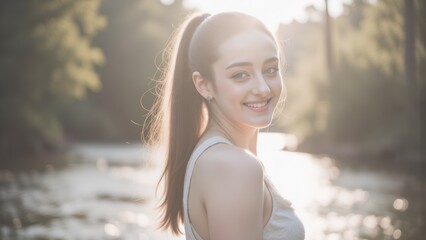 Smiling Young Woman with Ponytail in Nature: Outdoor Portrait, Summer, River, Sunlight, Beauty, Positive Emotion, Happy, Calm, Serene