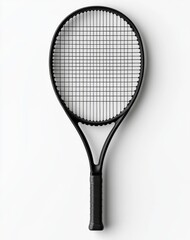 Black Tennis Racket Isolated on White Background with Grid Pattern Strung for Tennis Sport Equipment and Recreation Activities