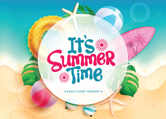 Summer time vector template design. It's summertime text in white circle space with 3d tropical objects and beach background for holiday season messages. Vector illustration.
