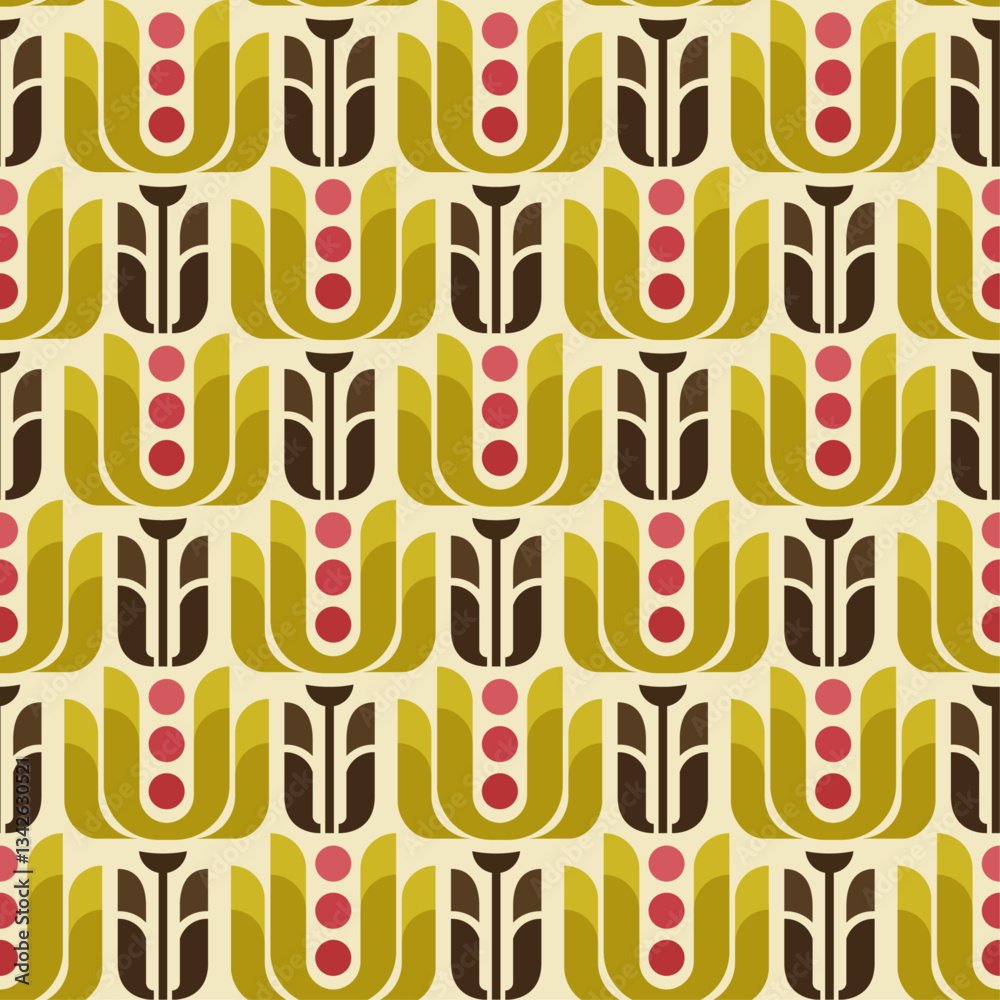 Poster last pattern with golden shapes, pink dots. Repeating pattern with geometric office shapes.