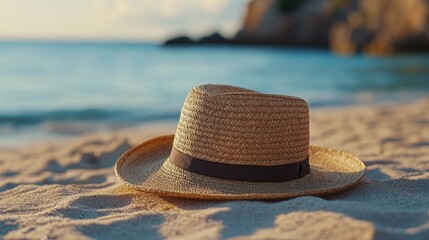 Straw hat resting on sandy beach with ocean waves in the background during golden hour