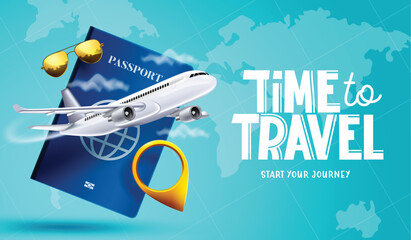 Travel time vector background design. Time to travel text with 3d travelling elements of passport and airplane in map  for worldwide trip journey. Vector illustration.
