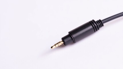 Fototapeta premium Detailed view of a black audio jack connector on a white surface for electronics enthusiasts