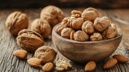 Variety of nuts displayed in a rustic wooden bowl on a textured surface