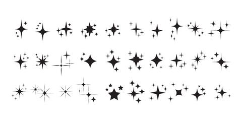 Set of blinking stars, sparks and sparkles. Shining twinkle sunburst shapes collection. Magic light flare pack for design template, poster, banner, brochure, leaflet. Vector glint glitter illustration