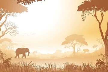 Fototapeta premium Elephants silhouette in savanna, walking, golden hour background, landscape