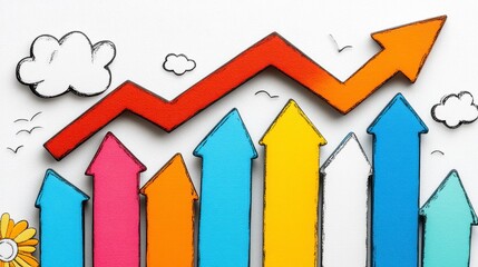 Colorful Growth Arrow Chart with Clouds and Sunshine Illustration