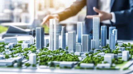 Businessperson points at architectural model of city buildings in office