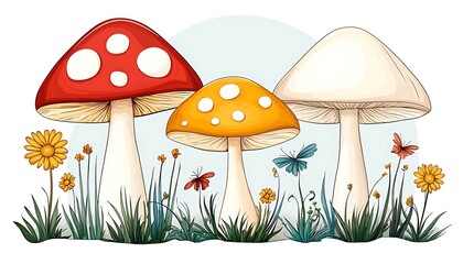 Fairy Tale Mushrooms Meadow Illustration.