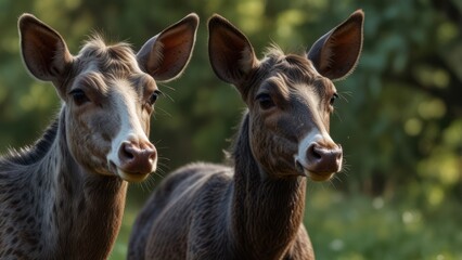 Fototapeta premium Two deer face forward in a forest setting