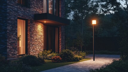 Evening glow illuminates a modern home entrance with landscaped garden in twilight hours