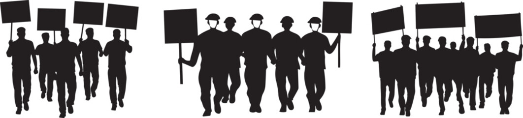 Silhouette of a group of factory workers holding banners, marching in a labor rights protest vector silhouette