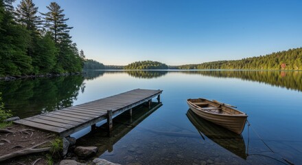 Obraz premium Serene Lakeside Morning Scene With A Rowboat And Dock