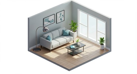 Modern Minimalist Living Room Illustration with Cozy Sofa and Green Plants, Perfect for Interior Design Inspiration and Home Decor Ideas