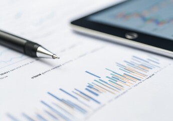 Analyzing financial data with bar charts, a pen, and a tablet for strategic business planning.
