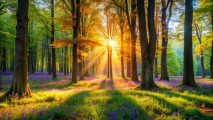 Obraz premium Sunbeams Through Forest Trees