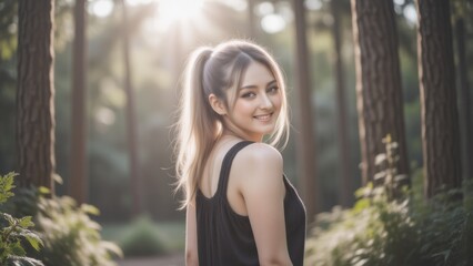 Smiling Woman in Forest: Fitness, Nature, Wellness & Healthy Lifestyle. Young Woman in Black Tank Top. Backlit Shot with Copy Space