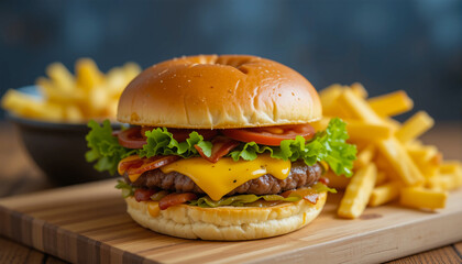 Tasty Grilled Burger with Melted Cheese, Fresh Toppings, and a Side of Crispy French Fries