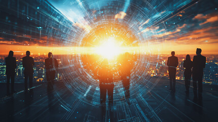 Fototapeta premium abstract professional business team people innovation connection of line from nail node to node on Smart Innovation city with connection cyber security network reciprocity , networking concept