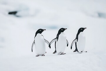 Obraz premium Three penguins walk together on snow, ice floes background, winter wildlife scene, nature photos