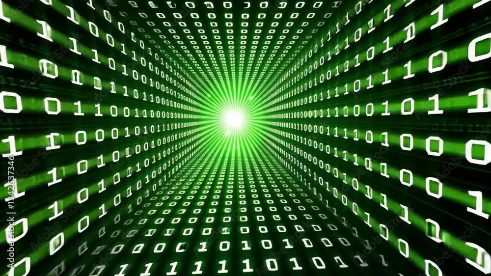 Poster futuristic digital tunnel of binary code in green an immersive perspective on technology and data fl