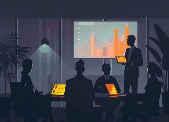 Business team presenting financial data on a large screen in a conference room. A man is giving a presentation, showing a graph and table with sales growth analytics to a group of office workers who 