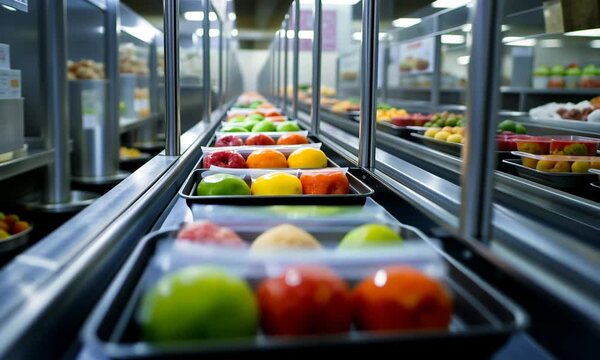 Colorful Array of Fresh Fruit on Conveyor Belts in Modern Grocery Setting