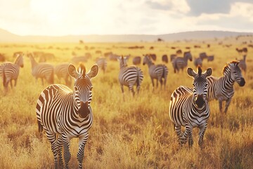 Obraz premium Zebras in Africa's savannah grassland at sunset under golden light. Stock photo