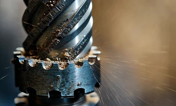 Detailed Close-Up of High-Precision Industrial Gear and Cutting Tool with Dynamic Motion Sparks