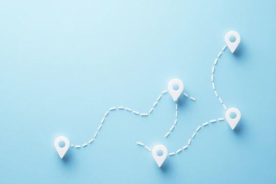 Plan navigation route with location indicators on light blue background for travel and exploration