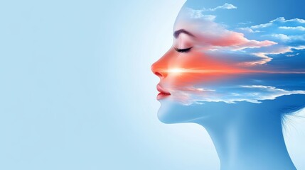 Obraz premium Beautiful silhouette of a woman with a sky and clouds blending into her profile against a soft blue background
