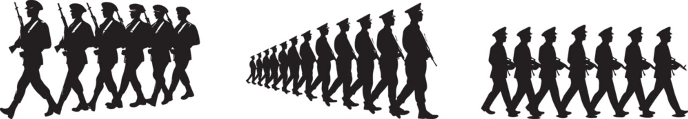Silhouette of soldiers marching in formation, vector silhouette