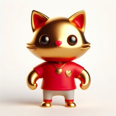 3d metallic gold strong cute cat with a red t-shirt Illustration on a white background