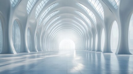 Empty modern white arch hall interior with light