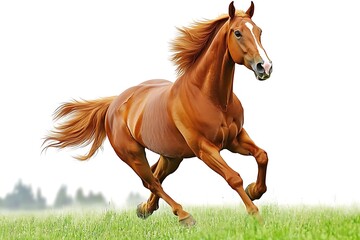 Obraz premium Galloping horse running across green grass with background of trees, white sky. Image for website