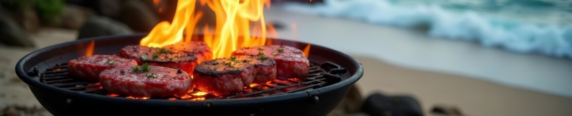 Sizzling steaks on a flaming grill surrounded by crashing waves at the beach, cooking, surf