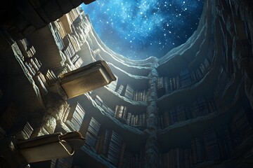 Books Fill a Circular Stone Library Open to a Starry Sky