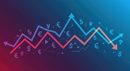 Naklejka premium Currency Exchange Market Trends: Analyzing Forex Analysis with Rising and Falling Graphs
