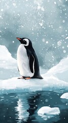 Fototapeta premium Penguin, black and white birds, roam wild ice and snow, cute animals of polar nature