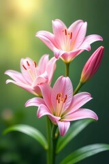 Fototapeta premium Soft pink lily flowers in dreamy garden setting, pastel colors, pastel, gentle focus