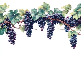 Detailed Illustration of Grapes Hanging on a Vine with Lush Green Leaves Against a White Background