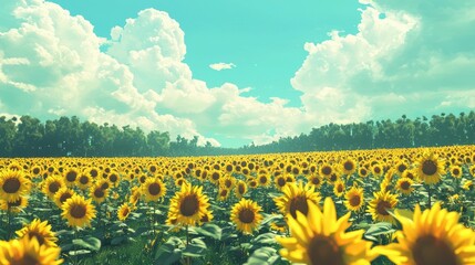 Obraz premium Bright Sunflowers Stretching Across a Field Under a Blue Sky