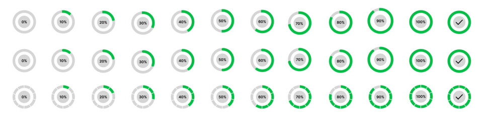 Circle percentage diagrams for infographics, 0, 10, 20, 30, 40, 50, 60, 70, 80, 90, 100 percent. Circle loading and circle progress collection.